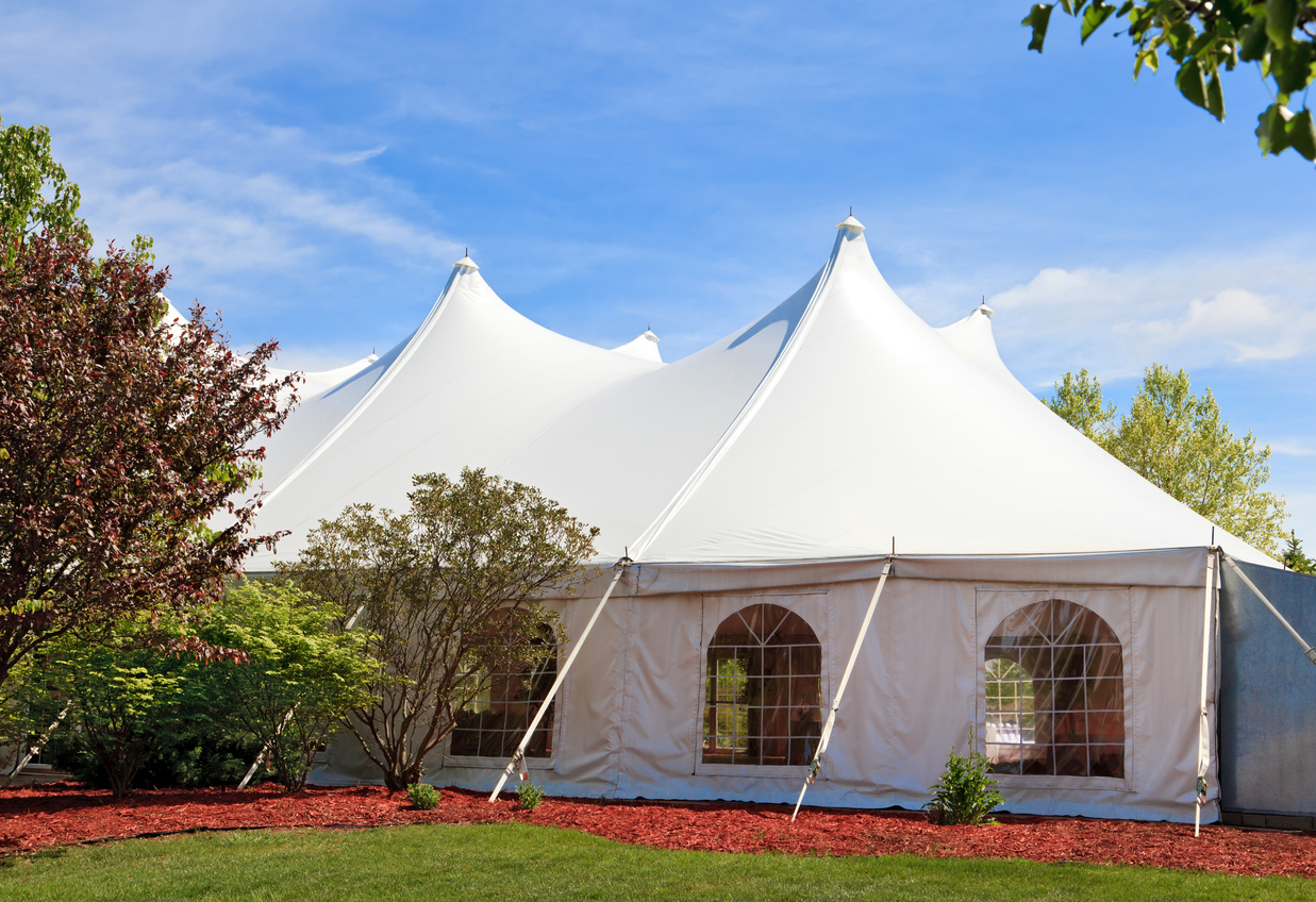 Outdoor tent setup for a wedding